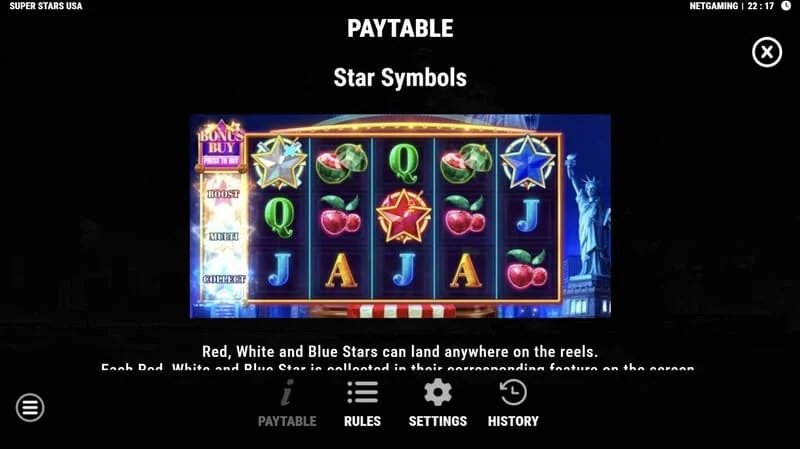 Super Stars USA - símbolos de estrellas en Hold & Win